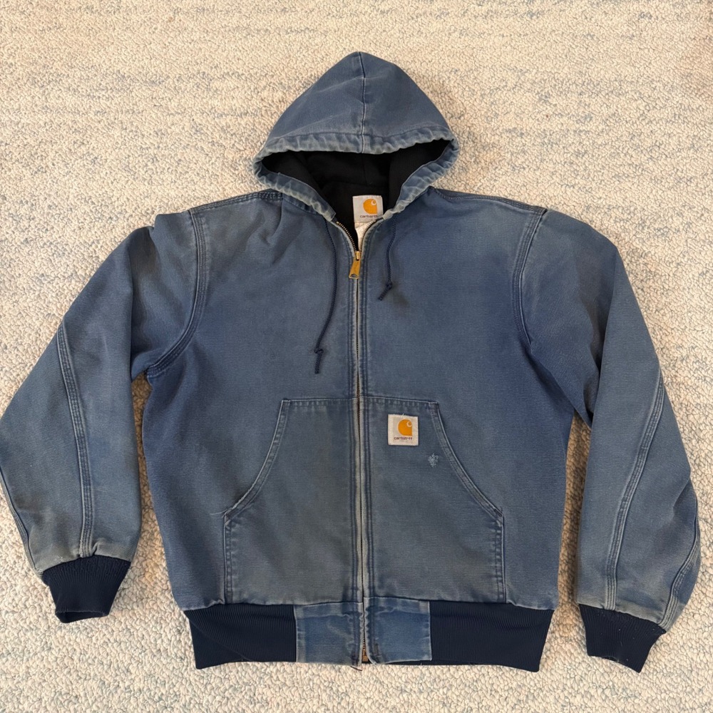 A- Carhartt J131 Navy Thermal Lined Duck Active Jacket Mens Medium Faded Vintage